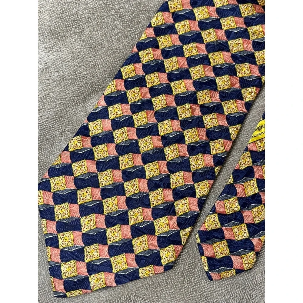 Ermenegildo Zegna Silk Tie Navy Blue Coral Yellow Geometric Disegno‎ Esclusivo